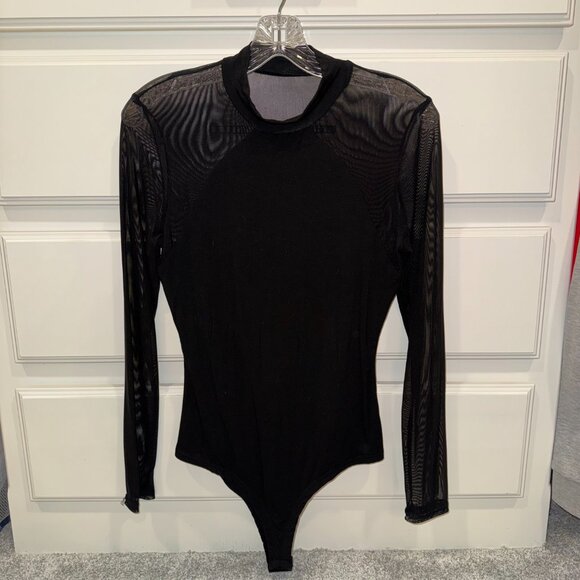 Women's Size Medium Lulus Entrancing Black Mesh Long Sleeve Bodysuit - Picture 4 of 6